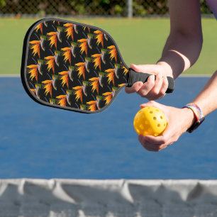 Orange Bird of Paradise Pflanze Pattern auf Schwar Pickleball Schläger