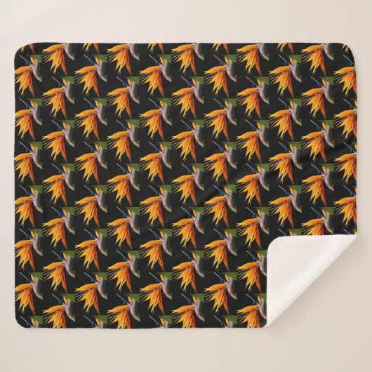 Orange Bird of Paradise Pflanze Pattern auf Schwar Sherpadecke (Vorderseite (Horizontal))