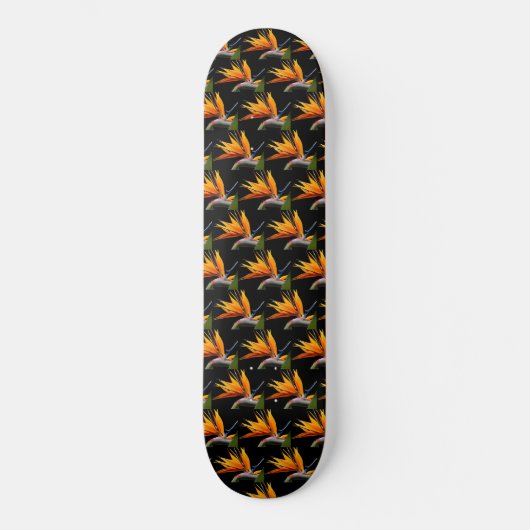 Orange Bird of Paradise Pflanze Pattern auf Schwar Skateboard (Vorderseite)