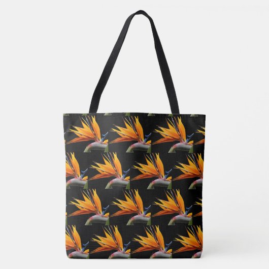 Orange Bird of Paradise Pflanze Pattern auf Schwar Tasche (Vorderseite)