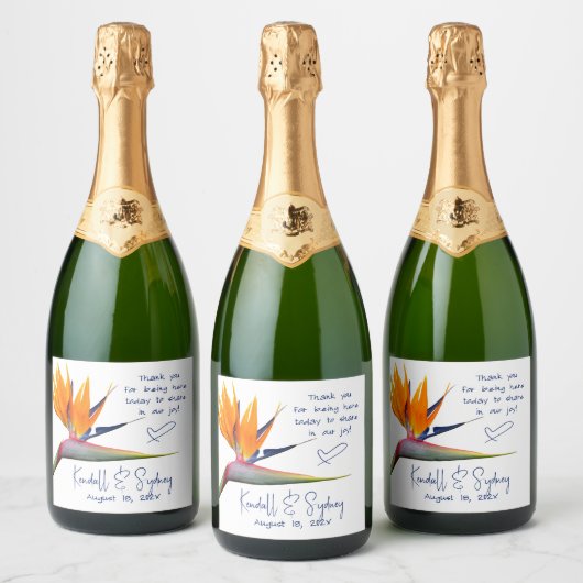 Orange Bird of Paradise Wedding Schaumweinetikett (Flaschen)