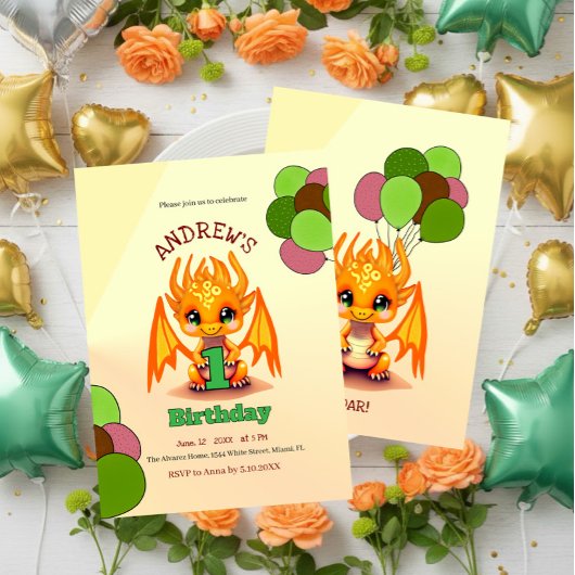 Orange Birthday Dragon invitation Einladung