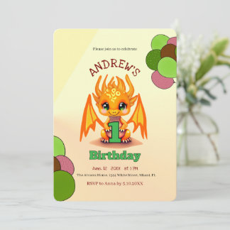 Orange Birthday Dragon invitation Einladung