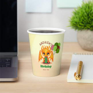Orange Birthday Dragon  Pappbecher