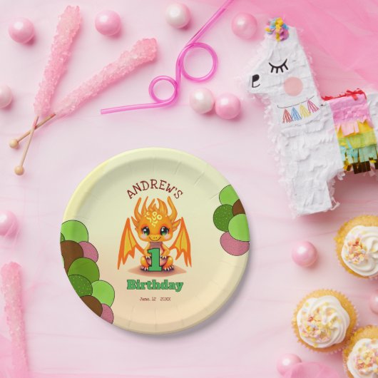 Orange Birthday Dragon  Pappteller (Party)