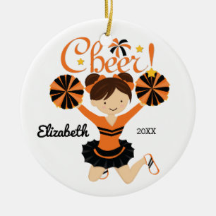 Orange & Bla Cheer Dunkelhaar Cheerleader-Ornament Keramik Ornament