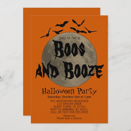 Orange Black Boos und Booze Halloween Einladung (Vorne/Hinten)