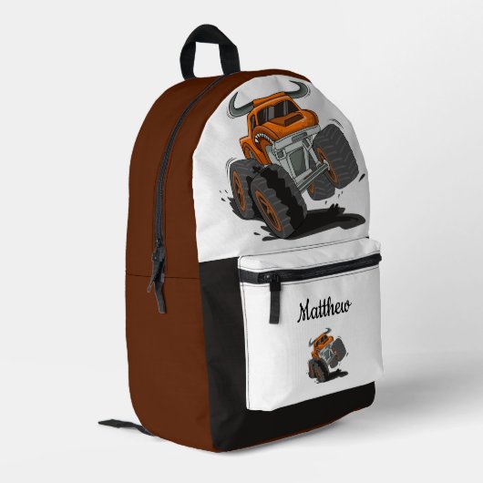 Orange Black Boys' Monster Truck Name Bedruckter Rucksack (Rückseitige Ecke links)