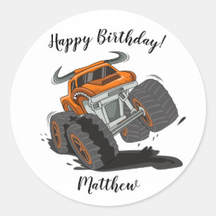 Orange Black Boys' Monster Truck Name Geburtstag Runder Aufkleber