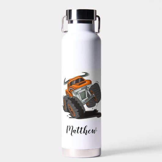 Orange Black Boys' Monster Truck Name Personalisie Trinkflasche (Vorne)
