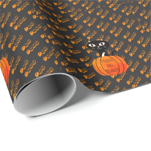 Orange Black Cat Pumpkin Trick oder Treat Hallowee Geschenkpapier (Rolleneckpunkt)
