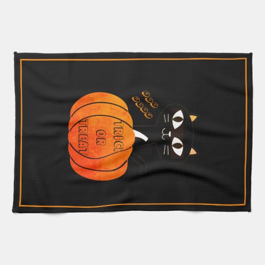 Orange Black Cat Pumpkin Trick oder Treat Hallowee Geschirrtuch (Horizontal)