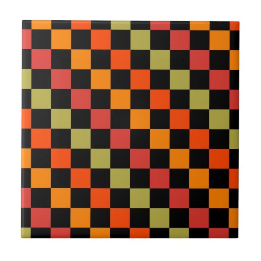 Orange Black Checkered Gingham Pattern Fliese (Vorderseite)