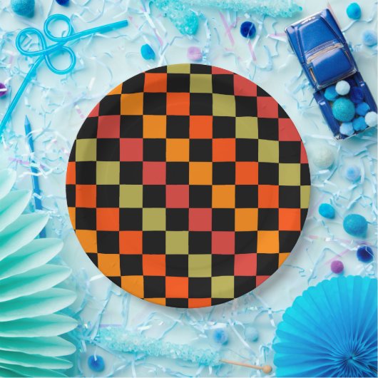 Orange Black Checkered Gingham Pattern Pappteller (Party)