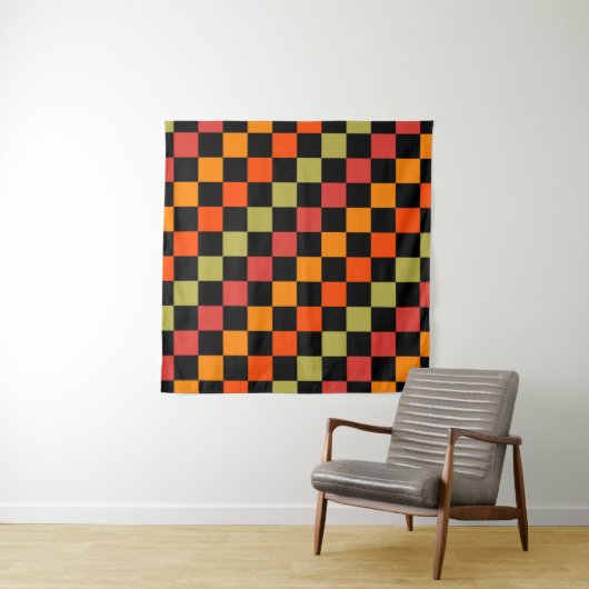 Orange Black Checkered Gingham Pattern Wandteppich (Beispiel (Horizontal))