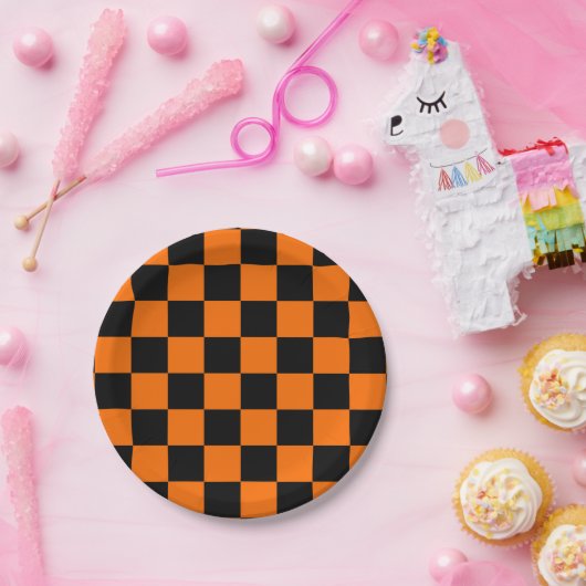 Orange Black Checkered Karo Pattern Pappteller (Party)