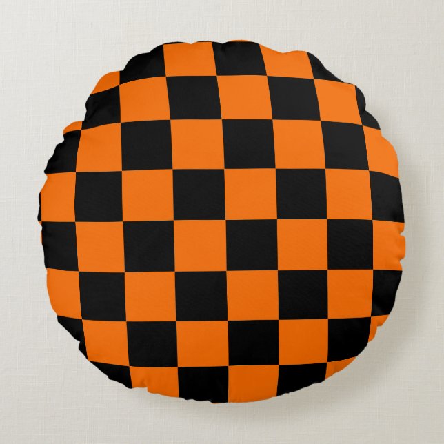 Orange Black Checkered Karo Pattern Rundes Kissen (Vorderseite)