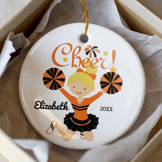 Orange & Black Cheer Blonde Cheerleader Ornament
