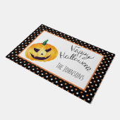 Orange Black dots Pumpkin Name Happy Halloween Fußmatte (Schrägansicht)