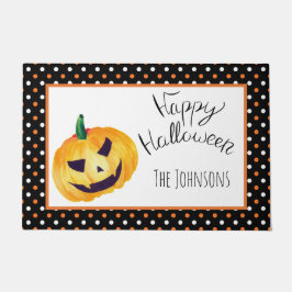 Orange Black dots Pumpkin Name Happy Halloween Fußmatte