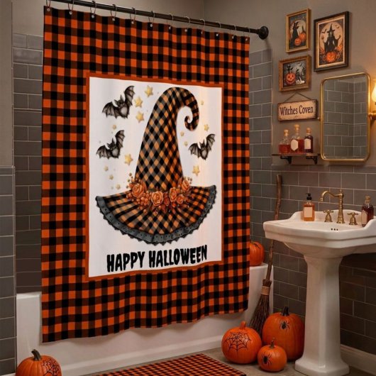 Orange & Black Gingham Halloween Hexenhut & Fleder Duschvorhang
