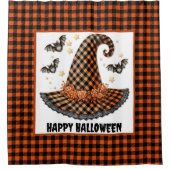 Orange & Black Gingham Halloween Hexenhut & Fleder Duschvorhang (Vorderseite)