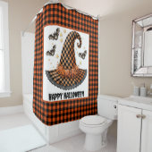 Orange & Black Gingham Halloween Witch Hat & Bats Duschvorhang (Beispiel)