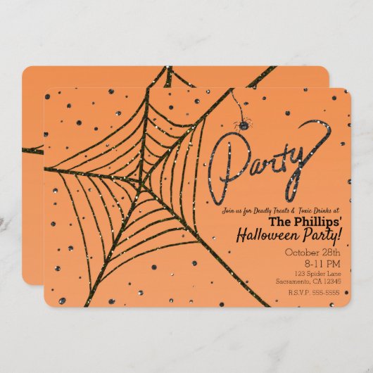 Orange & Black Glitzer Spider Web-Halloween-Party Einladung (Vorne/Hinten)