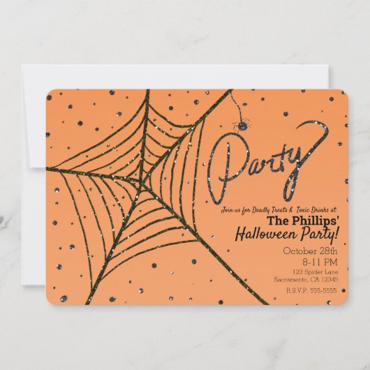 Orange & Black Glitzer Spider Web-Halloween-Party Einladung (Vorderseite)
