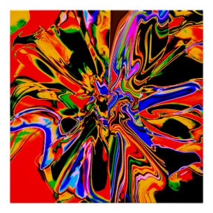 Orange, Black, Gold, Blue Psychedelic Blume Poster