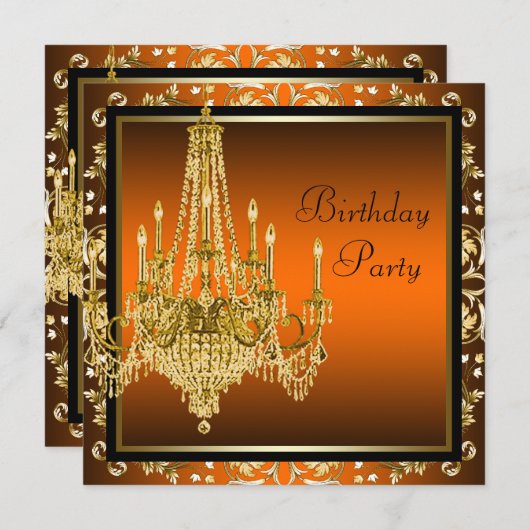 Orange Black Gold Damask Chandelier Birthday Party Einladung (Vorne/Hinten)