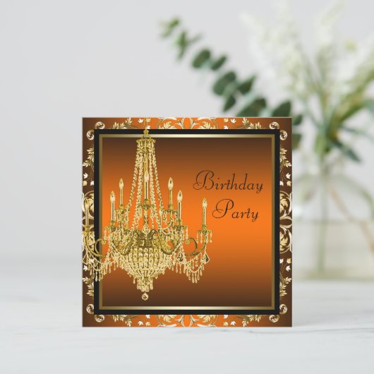 Orange Black Gold Damask Chandelier Birthday Party Einladung (Stehend Vorderseite)