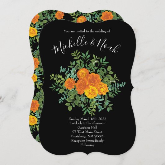Orange & Black Gothic Peony & Rose Blumenhochzeit Einladung (Vorne/Hinten)