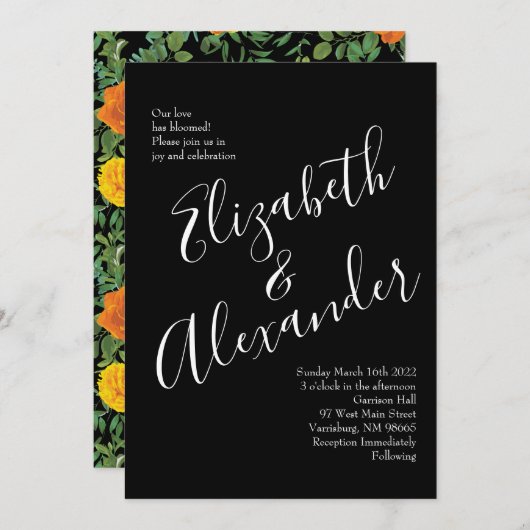 Orange & Black Gothic Peony & Rose Blumenhochzeit Einladung (Vorne/Hinten)