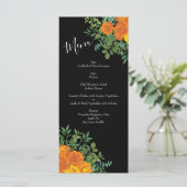 Orange & Black Gothic Peony & Rose Wedding Menu Menükarte (Stehend Vorderseite)