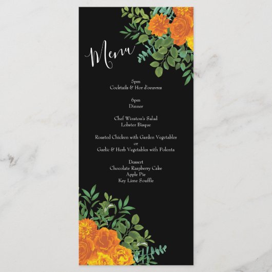 Orange & Black Gothic Peony & Rose Wedding Menu Menükarte (Vorderseite)