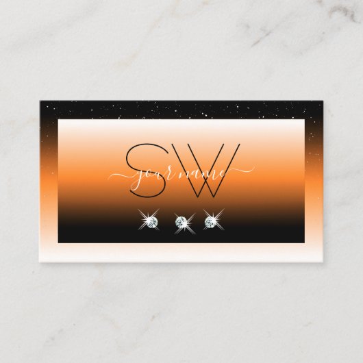 Orange Black Gradient Sparkling Diamonds Initialen Visitenkarte (Vorderseite)
