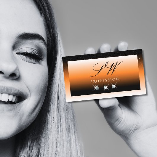 Orange Black Gradient Sparkling Diamonds Monogram Visitenkarte
