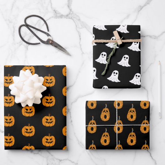 Orange Black Halloween Geist und Kürbislaterne Geschenkpapier Set (Vorderseite)