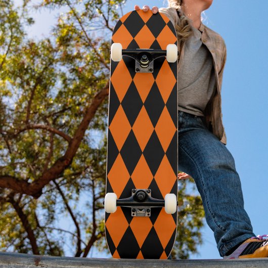 Orange Black Harlequin Diamonds Checkers Design Skateboard