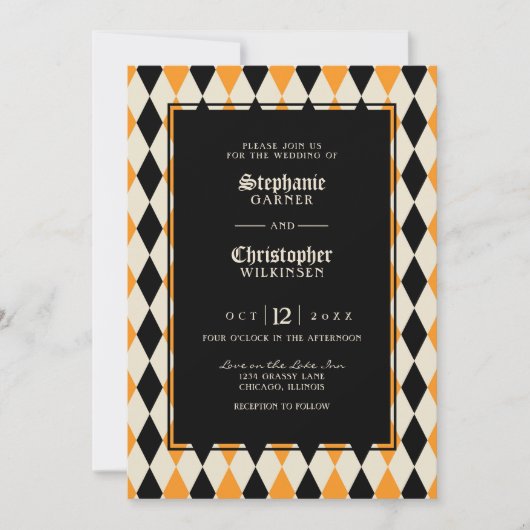 Orange Black Harlequin Halloween Hochzeit Einladung (Vorderseite)