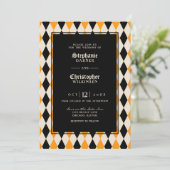 Orange Black Harlequin Halloween Hochzeit Einladung (Stehend Vorderseite)