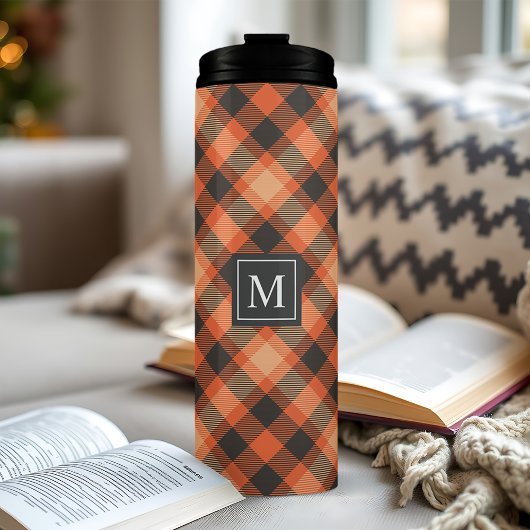 Orange Black Herbst Tartan Kariertes Muster Monogr Thermosbecher