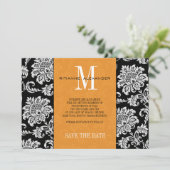 Orange Black Monogram Damask Wedding Save the Date Einladung (Stehend Vorderseite)