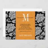 Orange Black Monogram Damask Wedding Save the Date Einladung (Vorne/Hinten)
