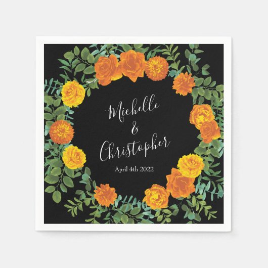 Orange Black Peony & Rose Floral Wedding Serviette (Vorderseite)