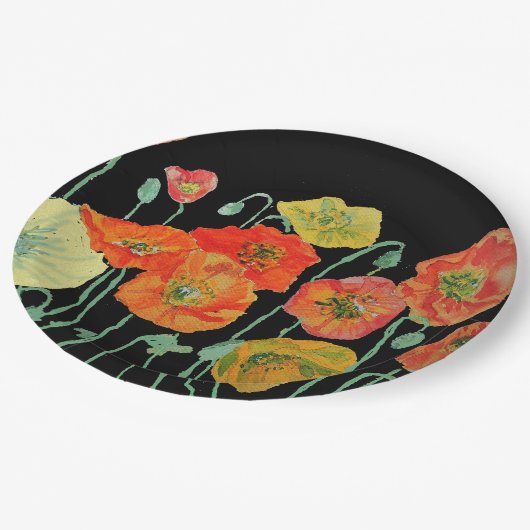 Orange Black Poppy Poppies Blume Blumenmuster Pappteller (Schrägansicht)