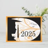 Orange & Black Silhouette 2025 Graduation Party Einladung (Stehend Vorderseite)