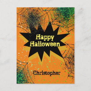 Orange Black Spiderweb Happy Halloween Postkarte