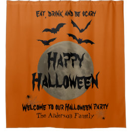 Orange Black Spooky Moon Spider Happy Halloween Duschvorhang